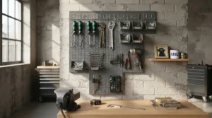 Industrial-grade steel pegboard panels installed in a professional garage environment.