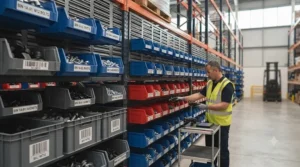Industrial-grade storage bins mounted on a warehouse wall for parts picking.