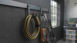 Industrial-strength wall hooks securing heavy items in a home garage.