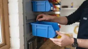 Close-up of a plastic parts bin being slotted onto a wall-mounted rail kit.