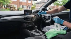 Cleaning and dusting a car dashboard and steering wheel using an interior detailer spray.