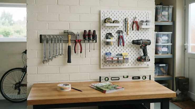 A workshop wall featuring a comparison between a magnetic tool holder and a pegboard, showcasing British DIY organisation solutions. magnetic tool holder vs pegboard