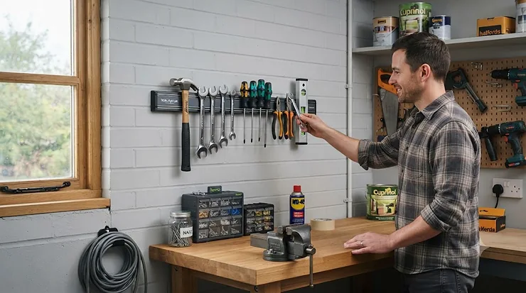 A wall-mounted magnetic tool holder neatly organising screwdrivers and spanners in a British garage workshop. magnetic tool holder