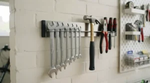 Close-up of a steel magnetic tool strip securely holding British-standard spanners in a garage workshop.