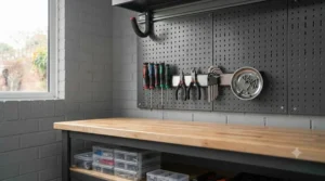 Small magnetic utility hooks for garage workbench organising screwdrivers and spanners.