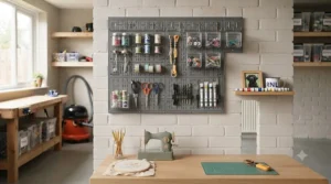 A white metal pegboard used for organising craft supplies and scissors in a home studio.
