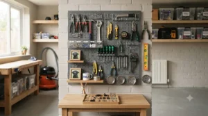 Assorted steel pegboard hooks and organiser attachments for efficient tool storage.