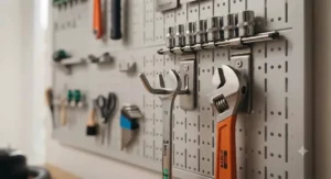 Close-up of heavy-duty metal pegboard hooks holding a collection of spanners and socket sets.