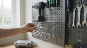 A fully organised metal pegboard wall system in a workshop, featuring various power tools and hand tools.