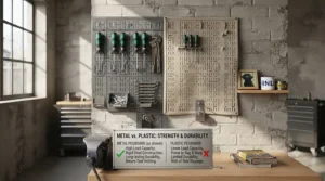 Comparison chart highlighting the superior strength of metal pegboards over plastic alternatives.
