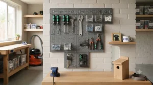 A modular metal pegboard system showcasing customisable layout options for a hobby room.
