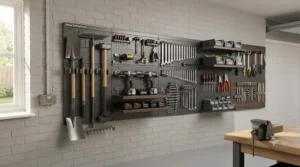 A modular toolboard system showing various configurations for customising wall storage in a garage.