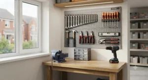 A flexible modular wall tool organiser showing how different panels can be configured for efficient storage in a home shed.