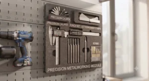 A fine carving and detail tool module, showing wood carving gouges and sharpening stones neatly arranged on a wall organiser.