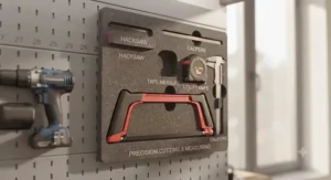 An automotive and electrical diagnostics module wall organiser, showcasing a multimeter, wire strippers, and insulated screwdrivers.