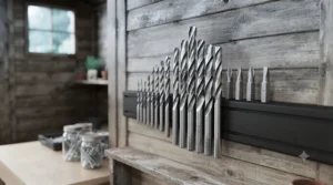 Close-up view of powerful neodymium magnetic bars holding metal drill bits securely in place.