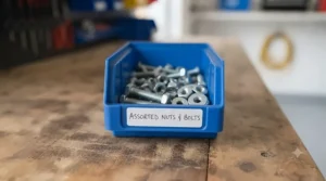Assorted nuts, bolts, and screws organised in small wall-mounted storage bins.
