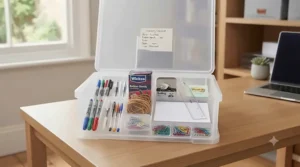 A tidy home office workspace featuring various stationery items meticulously organised inside a clear Really Useful Box with the lid open.