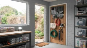 Fully organised British garage interior showcasing a comprehensive system of wall utility hooks.