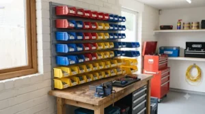 A tidy garage workshop featuring rows of wall-mounted parts bins.