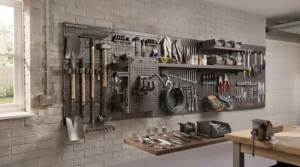 A neatly organised garage toolboard system displaying a wide range of DIY tools and accessories.