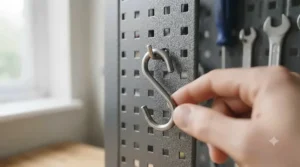A hand attaching a wire storage basket to a metal pegboard system in a home workshop.