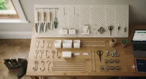 Overhead view showing a full pegboard accessories kit arranged for a tidy workspace.