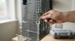 Close-up of a hand inserting an S-hook into a metal pegboard, demonstrating standard hook compatibility.