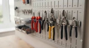 Detail view of a secure locking mechanism on a pegboard hook to prevent it from pulling out during tool removal.
