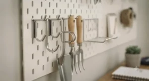 Various metal hooks from the pegboard accessories kit for hanging tools and garden gear.