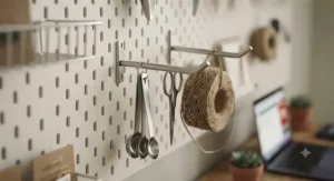 Long pegboard hooks used to hold multiple items, demonstrating the utility of the kit.