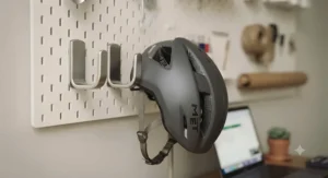 Pair of U-hooks from the kit holding a bicycle helmet on a wall-mounted pegboard system.