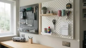 A side-by-side view showing a metal pegboard for heavy tools and a plastic pegboard used for organising light craft supplies.