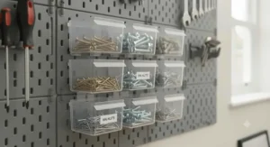 A plastic pegboard system fitted with clear storage bins for organising nuts, bolts, and washers.