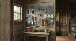 A garden shed wall featuring a plastic pegboard system for storing secateurs, trowels, and string.