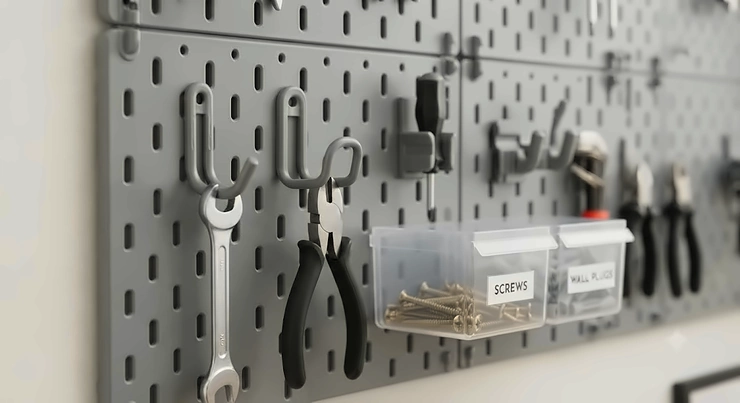 Close-up of assorted hooks and small bins attached to a modular plastic pegboard system.