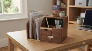 A close-up of a modular, dark grey metal and wood desk organiser unit holding three smaller, 2-litre Really Useful Boxes, positioned on the desk.