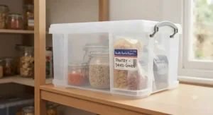 Uniform, transparent storage boxes used for organising dried goods in a kitchen pantry.