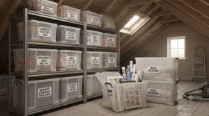 Sturdy, large-capacity Really Useful Boxes stacked securely in a home loft for seasonal storage.
