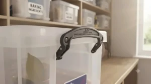 A close-up view of the secure, signature clip-lock handles on a genuine Really Useful Box lid.