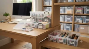 Small, clear Really Useful Boxes used to organise stationery and craft supplies on a home office desk.