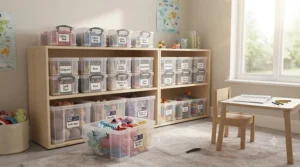 Assorted clear Really Useful Boxes helping to keep a child's bedroom and playroom tidy.