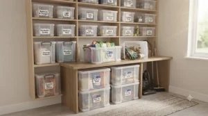 Low-profile, long Really Useful Boxes designed to slide easily under a bed for clothes storage.