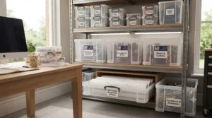 Heavy-duty Really Useful Boxes utilised for organising hand tools and hardware in a British workshop.