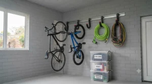 Non-slip rubber coated utility hooks for garage hanging of bicycle wheels and extension leads.