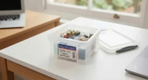 Tiny 0.3 litre Really Useful Boxes used for organising craft supplies and buttons.