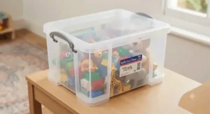 Stackable plastic storage boxes used to organise children's toys in a playroom.