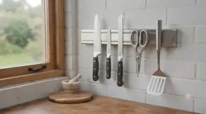 A sleek stainless steel magnetic tool holder used as a knife rack in a modern kitchen.