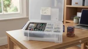 A high-detail comparison of two plastic boxes subjected to a stress test: the clear Really Useful Box shows a clean, brittle crack, while a white polypropylene alternative shows ductile, stretched deformation.