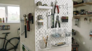 A wall-mounted wooden pegboard organiser fitted with metal hooks holding various DIY hand tools.
